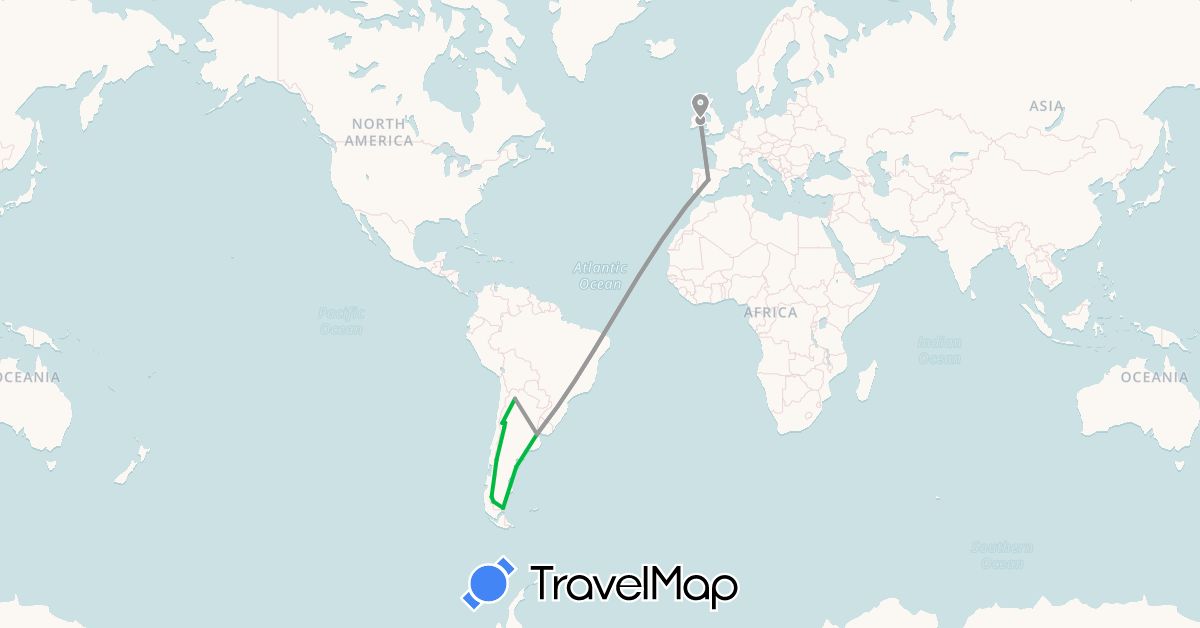 TravelMap itinerary: driving, bus, plane in Argentina, Spain, Ireland (Europe, South America)